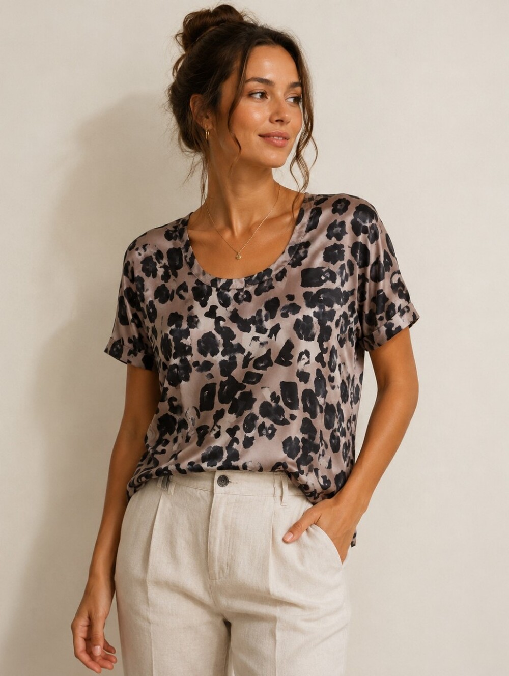 AllSaints Taupe Leopard Short Sleeve Tee